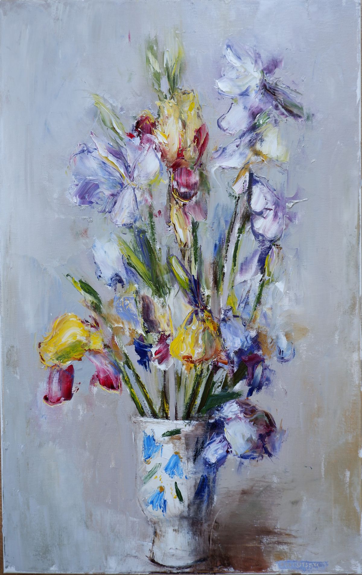 Irises In A White Vase Painting Photo