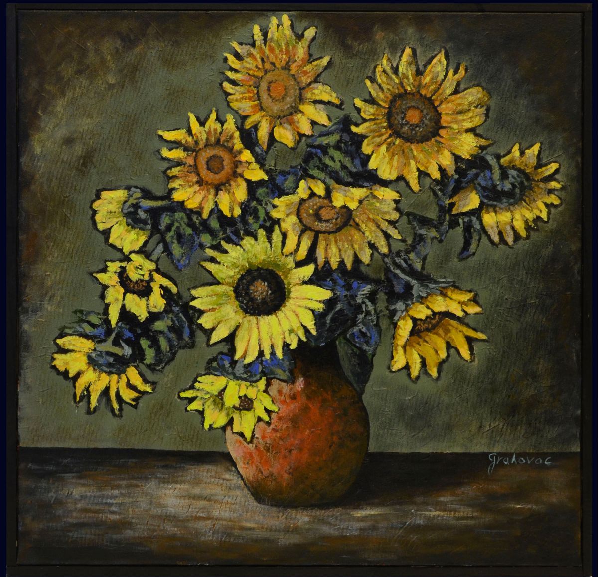 Sunflowers In Red Vase Painting Photo
