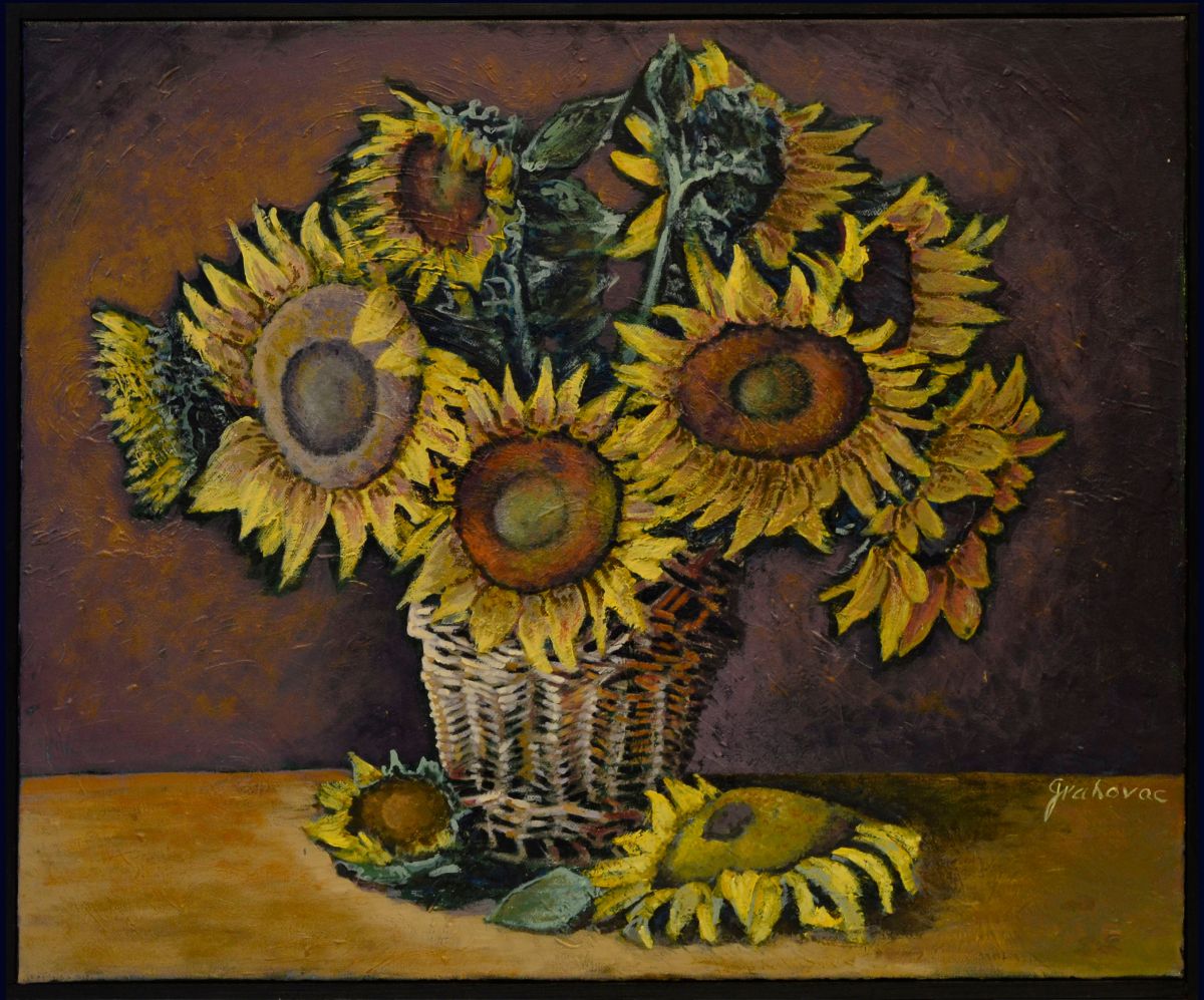 Sunflowers In Wooden Bucket Painting Photo