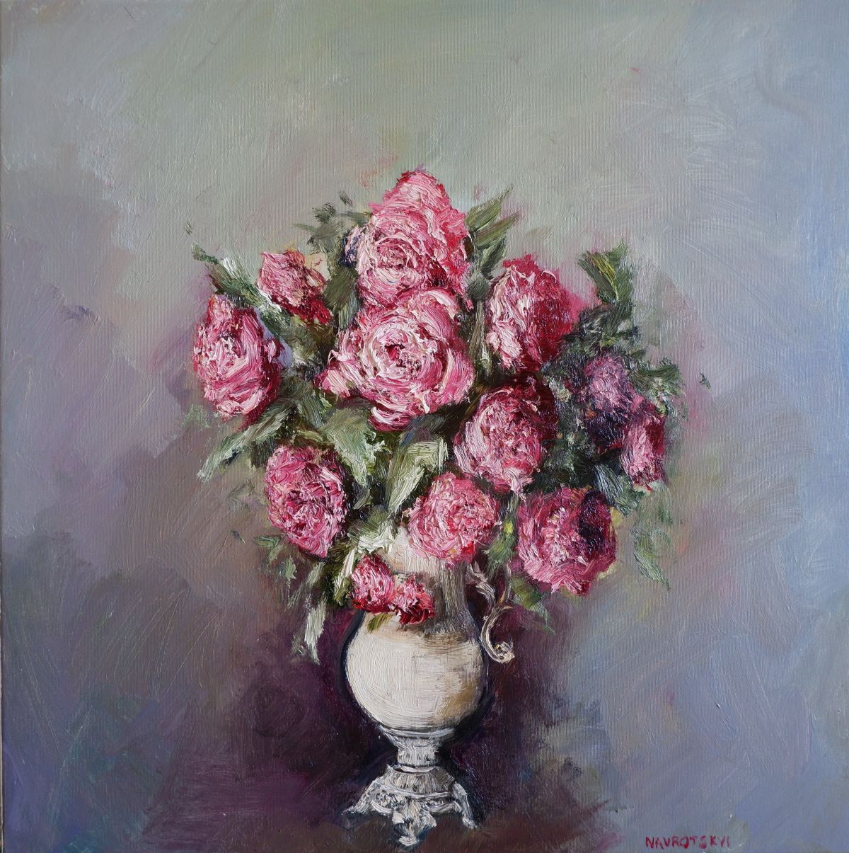 Pink Flowers In A White Vase Detail
