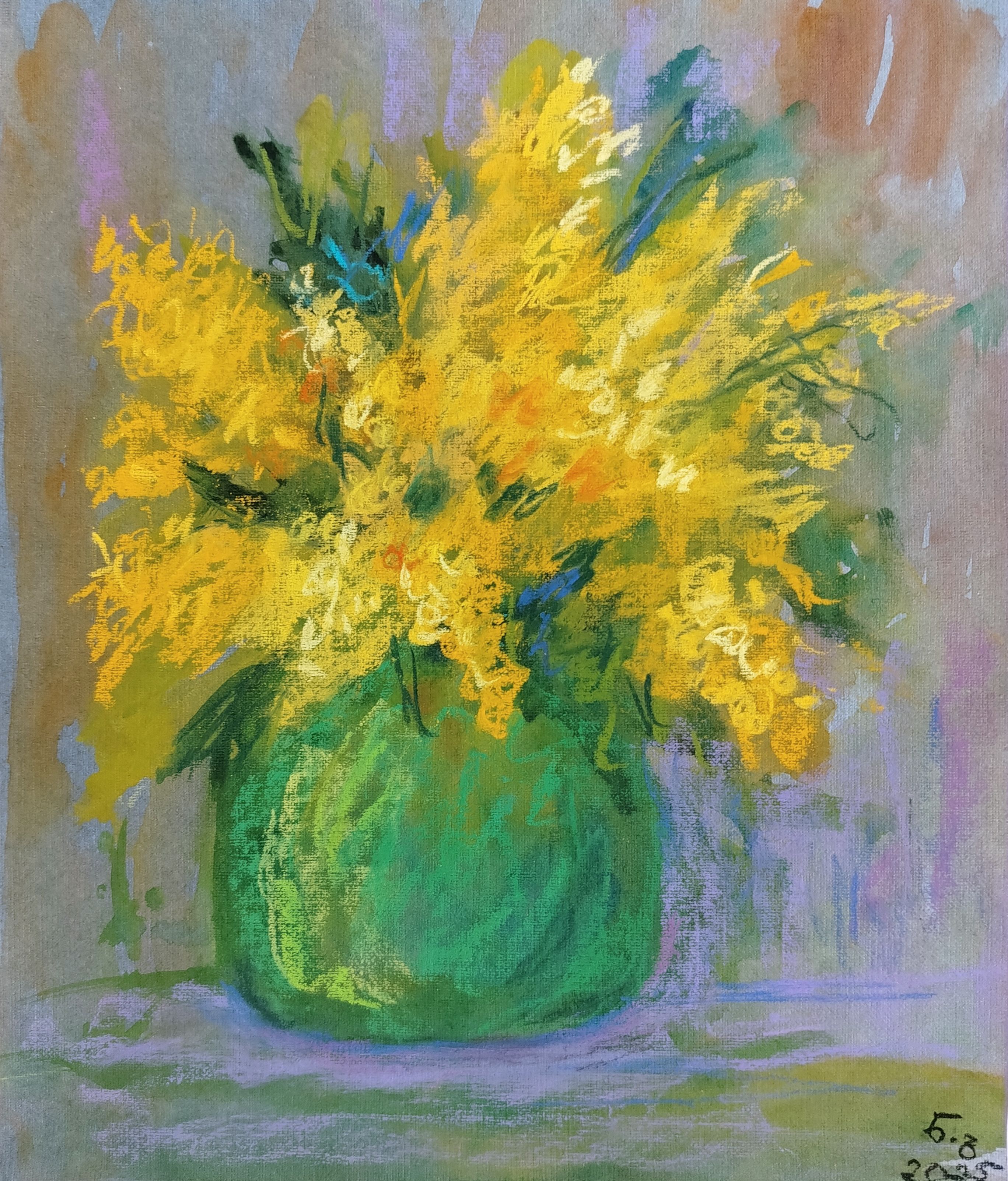 Mimosa Flower In Green Vase – Original Pastel Artwork
