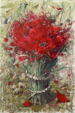 Bouquet of Wild Red Poppies in a Landscape with Sheep