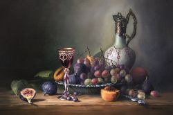 Still Life with a crystal glass and fruits, painting in a realism-style, original artwork, 2017, oil