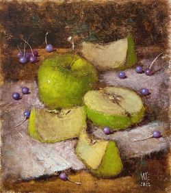 Apple still life, blue berries on napkin, Small Moody by Yuliya Odukalets