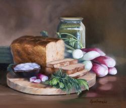 Still Life With Bread And Radishes, oil painting on canvas, 35*30 cm, original artwork, 2011