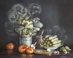 Still life with vegetables and dill, classical painting 60 by 50 cm by Iuliia Kravchenko