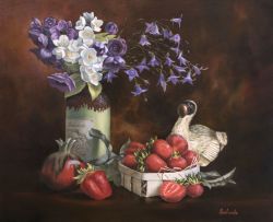 Still Life With Strawberries And A Figure Of A Dodo Bird by Iuliia Kravchenko