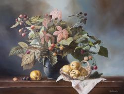 Still life with a bouquet of blackberries and quince, painting in a realism-style, original artwork 