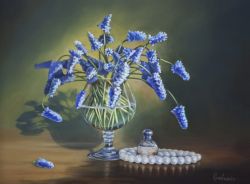 Flowers Muscari or murine hyacinth, classical still life in a realism-style, original artwork, 2013, by Iuliia Kravchenko