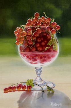 “Red currant berries in a glass” still life in a realism-style, original artwork by Iuliia Kravchenko