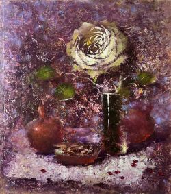 Moody Floral still life with rose and pomegranates on dark purple background by Yuliya Odukalets