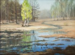 SPRING FLOOD, classical landskape in a realism-style, original artwork, 2008, painting oil on canvas by Iuliia Kravchenko