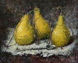 Moody Minimalist Still Life: Pears and people on Dark Background
