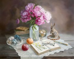 Bouquet Of Peonies In The Old House, Painting In A Realism-Style Original Artwork 2021 Oilcanvas
