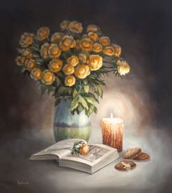 Reading A Novel, 45 by 50 cm,  still life in a realism-style, original artwork 2014  by Iuliia Kravchenko