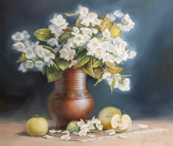 Still Life With Apples And Jasmine, classical painting in a realism-style, original artwork  by Iuliia Kravchenko