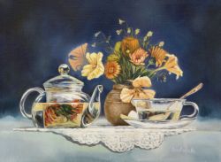 FLOWER TEA, classical still life in a realism-style, original artwork, 40*30 cm,  2011, painting oil by Iuliia Kravchenko