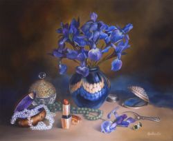 THE COLOR OF MY MOOD IS IRISES, Modern Still Life In A Realism-Style Original Artwork 2020 Painting  by Iuliia Kravchenko