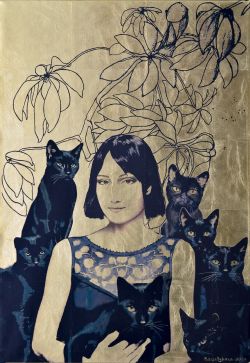 Contemporary Print Seven Black Cats by Nataliya Bagatskaya