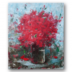 Abstract Poppy Bouquet Against Rural Landscape by Yuliya Odukalets