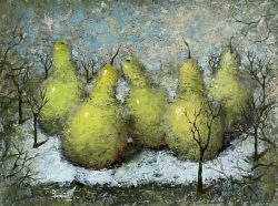 Fruit still life: pears in a winter landscape with trees. Original moody artwork, small 