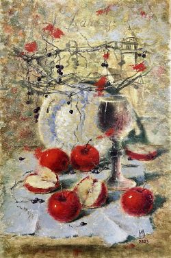Red Apple Still Life Vintage on the background of old cityscape