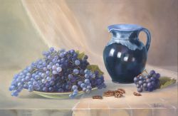 STILL LIFE WITH GRAPES AND A JUG, painting in a realism-style, original artwork, 60*40 cm, 2014 Oil, by Iuliia Kravchenko