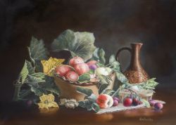Still life with apples and pumpkin flowers